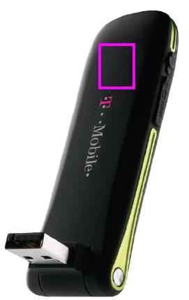 The T-Mobile USB laptop stick with an outline around the indicator light on the curved end of the device
