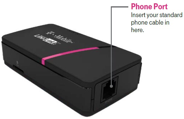 A LineLink device. On the left side of the device is the Phone Port. Insert your standard phone cable in here.
