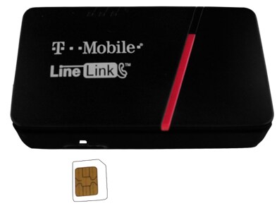 The LineLink device and a SIM card with gold contacts facing up. 