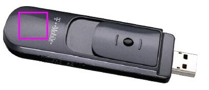 A T-Mobile Rocket laptop stick with an outline on the curved edge of the device showing where the indicator light is