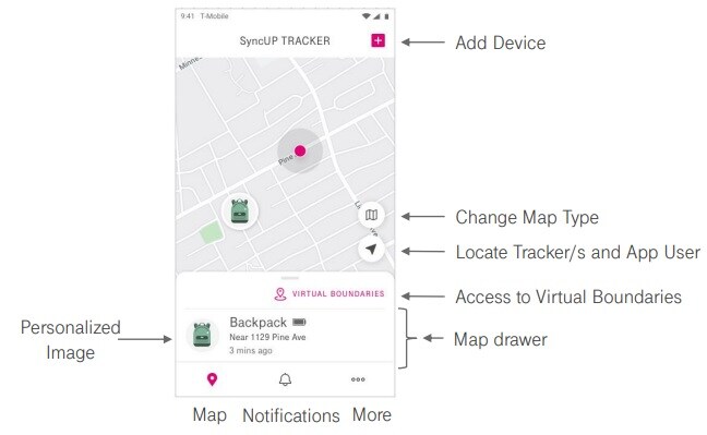 the SyncUP TRACKER app map. In the top-right corner is a plus-sign icon, where you can add a device. In the bottom right corner of the map, there is a map icon, which allows you to change Map type. Below that is an arrow icon, which allows you to locate tracker(s) and app users. Below the map is the Virtual Boundaries app drawer, which contains a personalized image and location details of what's currently being tracked. 